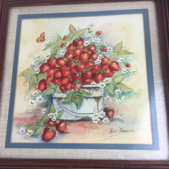 Ava Freeman Strawberries in Bucket Framed Matted Picture Butterfly Floral VTG - Picture 3 of 12